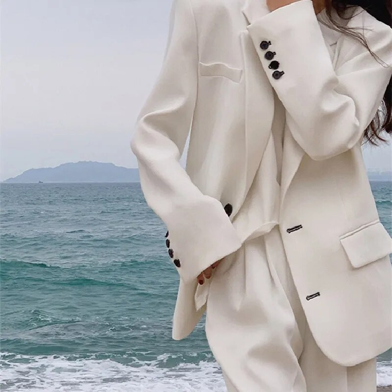 Sügisbleiserite komplektid Korea 2-osaline naiste pikkade varrukatega avara ülikond jakk püksid ülikonnad kontori naiste tööriiete ansambel naisterahvas