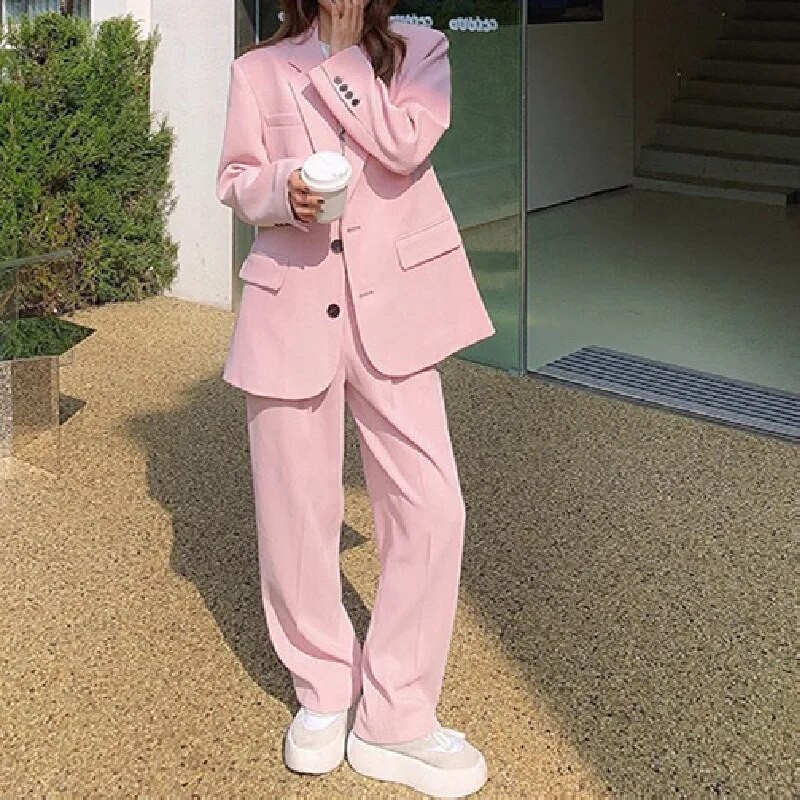 Sügisbleiserite komplektid Korea 2-osaline naiste pikkade varrukatega avara ülikond jakk püksid ülikonnad kontori naiste tööriiete ansambel naisterahvas