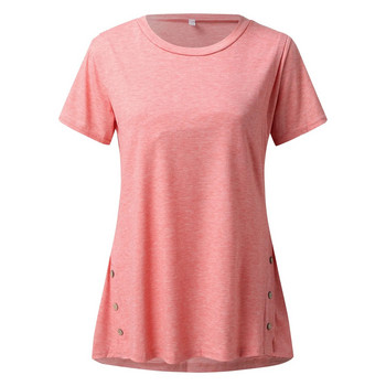 Тениска за бременни жени Лятна тениска с къс ръкав с кръгло деколте и странични копчета, едноцветни горнища за кърмачки, нови