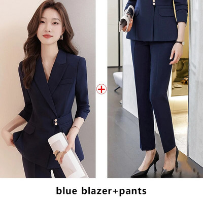 Yitimuceng Formalni odijela s hlačama Dvodijelni set Ženska jesen 2023. Nova uredska moda Ženski sakoi s otvorenim ovratnikom Jednobojne hlače