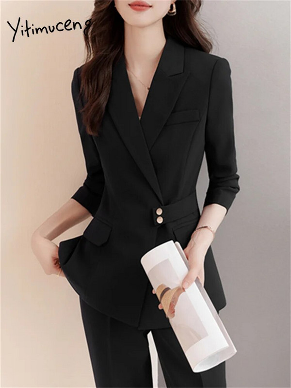 Yitimuceng Formalni odijela s hlačama Dvodijelni set Ženska jesen 2023. Nova uredska moda Ženski sakoi s otvorenim ovratnikom Jednobojne hlače
