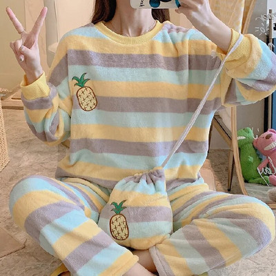 Pijamale de iarnă pentru femei, din două piese, catifea coral, iarnă, îngroșată, pijamale calde, confortabile, din flanel, costum popular pentru acasă