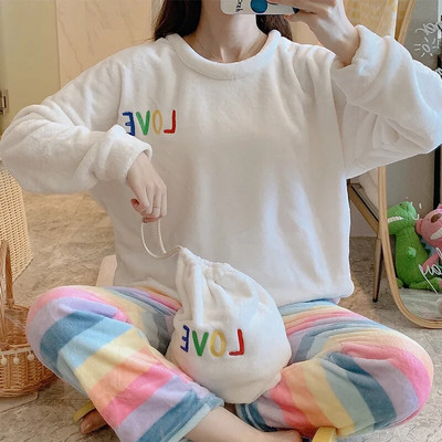 Pijamale de iarnă pentru femei, din două piese, catifea coral, iarnă, îngroșată, pijamale calde, confortabile, din flanel, costum popular pentru acasă