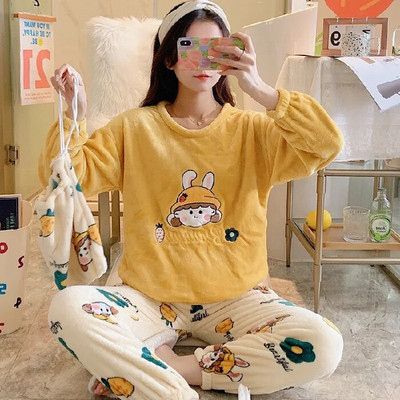 Pijamale de iarnă pentru femei, din două piese, catifea coral, iarnă, îngroșată, pijamale calde, confortabile, din flanel, costum popular pentru acasă