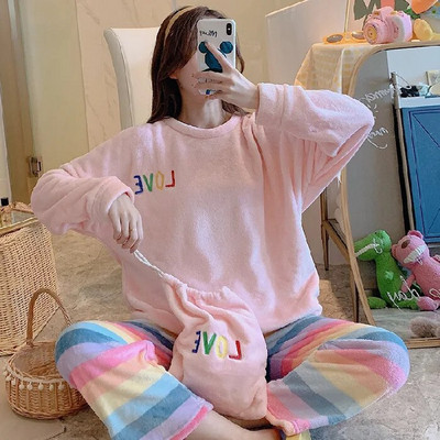 Pijamale de iarnă pentru femei, din două piese, catifea coral, iarnă, îngroșată, pijamale calde, confortabile, din flanel, costum popular pentru acasă