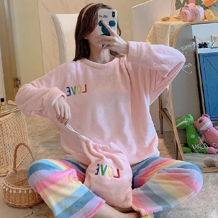 Pijamale de iarnă pentru femei, din două piese, catifea coral, iarnă, îngroșată, pijamale calde, confortabile, din flanel, costum popular pentru acasă