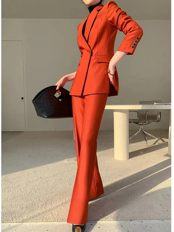 Κόκκινο κοστούμι για γυναίκες Ρούχα γραφείου 2023 Κορεατικής μόδας Νέα μακρυμάνικα μπλέιζερ με διπλό στήθος + ψηλόμεσο γυναικείο παντελόνι γραφείου