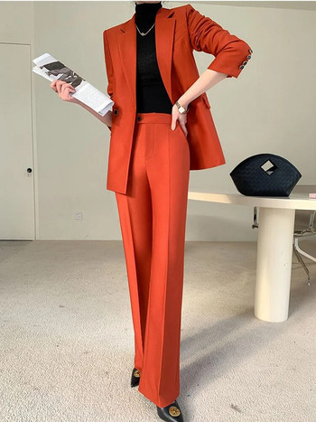 Κόκκινο κοστούμι για γυναίκες Ρούχα γραφείου 2023 Κορεατικής μόδας Νέα μακρυμάνικα μπλέιζερ με διπλό στήθος + ψηλόμεσο γυναικείο παντελόνι γραφείου