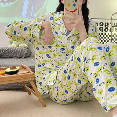 Pizsama tavaszi őszi női hosszú ujjú nadrág kétrészes kardigán rajzfilm három szem selyem pizsama háztartási öltöny