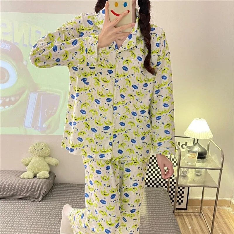 Pizsama tavaszi őszi női hosszú ujjú nadrág kétrészes kardigán rajzfilm három szem selyem pizsama háztartási öltöny