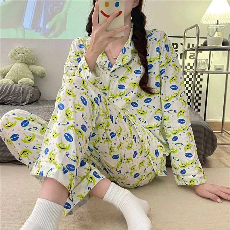 Pizsama tavaszi őszi női hosszú ujjú nadrág kétrészes kardigán rajzfilm három szem selyem pizsama háztartási öltöny