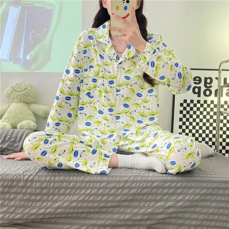 Pizsama tavaszi őszi női hosszú ujjú nadrág kétrészes kardigán rajzfilm három szem selyem pizsama háztartási öltöny