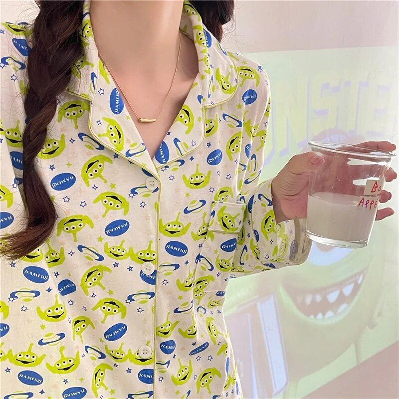 Pizsama tavaszi őszi női hosszú ujjú nadrág kétrészes kardigán rajzfilm három szem selyem pizsama háztartási öltöny