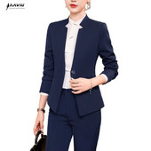 Profesionalūs tamsiai mėlyni kostiumai moterims, pavasario temperamentas, plonas švarkas ir kelnės, biuro komplektai moterims, madingi darbo drabužiai, uniforma