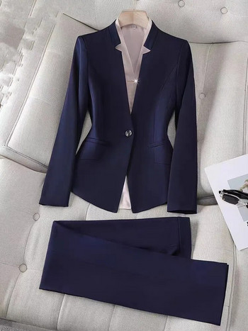 Επαγγελματικά μπλε μπλε κοστούμια για γυναίκες με ανοιξιάτικο ταμπεραμέντο Λεπτό μπλέιζερ και παντελόνια σετ γραφείου Γυναικεία μόδα ρούχα εργασίας Στολή