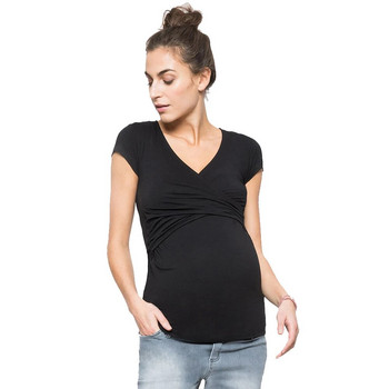 Нови ежедневни дрехи за бременни жени Облекло за кърмене Тениска с къс ръкав Раирана горнища с V-образно деколте за бременни жени