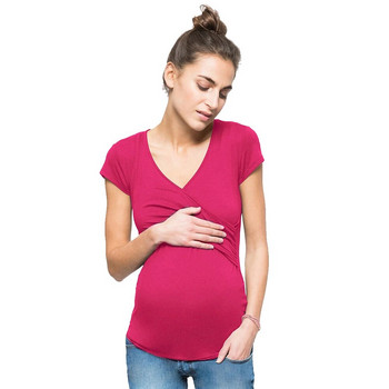 Нови ежедневни дрехи за бременни жени Облекло за кърмене Тениска с къс ръкав Раирана горнища с V-образно деколте за бременни жени