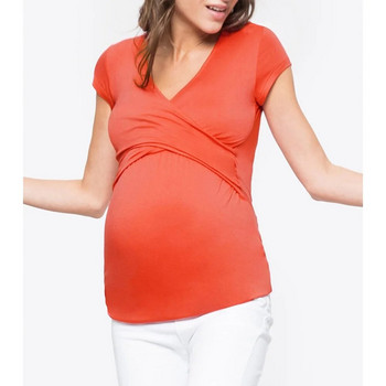Дамско облекло за бременни Облекло за кърмене Дрехи за бременни с V-образно деколте с къс ръкав Плисирана тениска за бременни отстрани