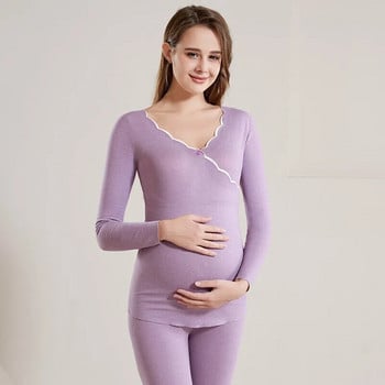 Комплект бельо с подложка за гърдите Топли зимни пижами Жени без следи Треска Спално облекло за бременни жени
