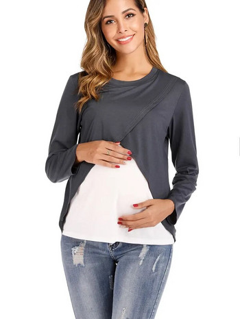 2023 Ανοιξιάτικα και φθινοπωρινά μπλουζάκια μητρότητας θηλασμού με μακρύ μανίκι μπλοκ με λαιμόκοψη χρώματος συνονθύλευμα Εγκυμοσύνης Ρούχα θηλασμού Γαλουχία
