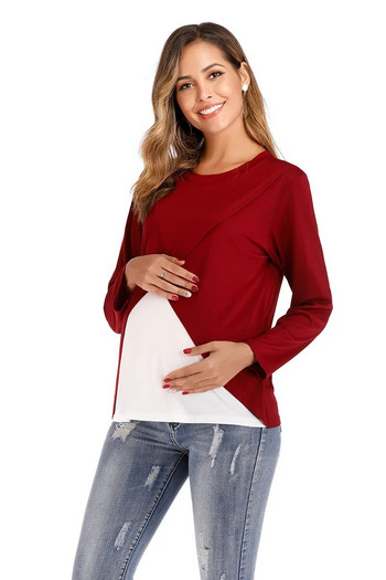 2023 г. Пролетни и есенни тениски за майчинство и кърмене Тениски с дълъг ръкав и О-образно деколте, цветен пачуърк, дрехи за бременност и кърмене, кърмене