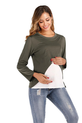 2023 Ανοιξιάτικα και φθινοπωρινά μπλουζάκια μητρότητας θηλασμού με μακρύ μανίκι μπλοκ με λαιμόκοψη χρώματος συνονθύλευμα Εγκυμοσύνης Ρούχα θηλασμού Γαλουχία