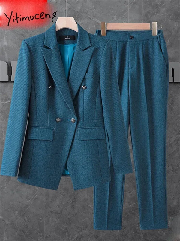 Yitimuceng uredski ženski dvodijelni setovi, novi ženski dvoredni sakoi s otvorenim ovratnikom iz 2023. Ležerni odijela s hlačama visokog struka
