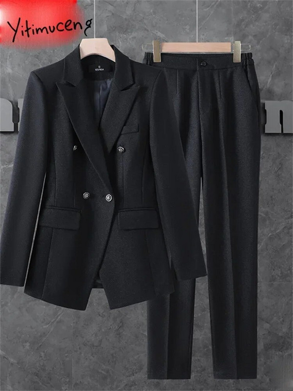 Yitimuceng uredski ženski dvodijelni setovi, novi ženski dvoredni sakoi s otvorenim ovratnikom iz 2023. Ležerni odijela s hlačama visokog struka