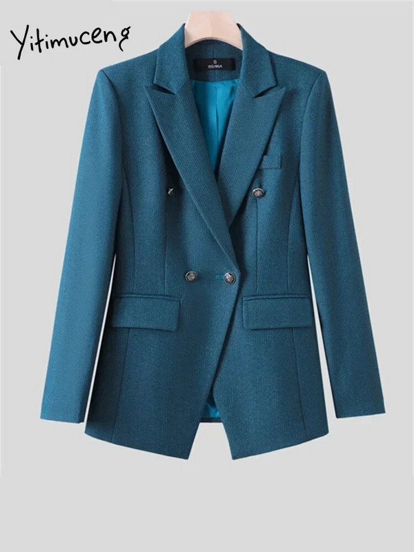 Yitimuceng uredski ženski dvodijelni setovi, novi ženski dvoredni sakoi s otvorenim ovratnikom iz 2023. Ležerni odijela s hlačama visokog struka