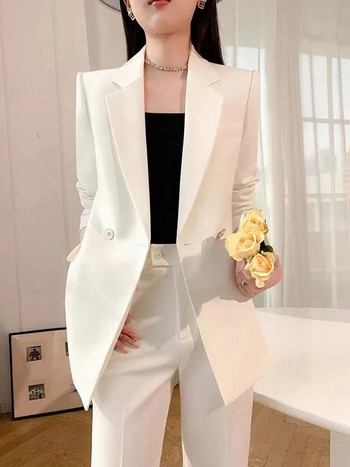 Γυναικείες φόρμες Circyy Σετ γραφείου 2023 Φθινοπωρινό μακρυμάνικο παλτό με διπλό στήθος + ψηλόμεσο παντελόνι λευκό φόρεμα