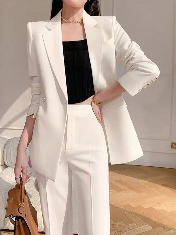 Circyy női öltönyök irodai szettek 2023-as őszi, hosszú ujjú, duplasoros blézerkabát + magas derekú, széles lábú nadrág fehér ruhák
