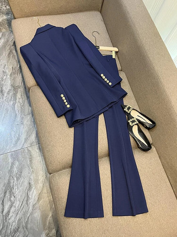 2023 Нов уличен луксозен дизайн Кралско сини дамски модни комплекти блейзъри от две части с подплънки за раменете Персонизиращи дамски костюми