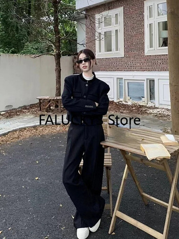 Μαύρα σετ δύο τεμαχίων Γυναικεία ρούχα 2023 Φθινόπωρο Νέο μακρυμάνικο O λαιμό παλτό σακάκι + ψηλόμεσο φαρδύ παντελόνι