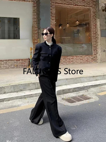 Μαύρα σετ δύο τεμαχίων Γυναικεία ρούχα 2023 Φθινόπωρο Νέο μακρυμάνικο O λαιμό παλτό σακάκι + ψηλόμεσο φαρδύ παντελόνι