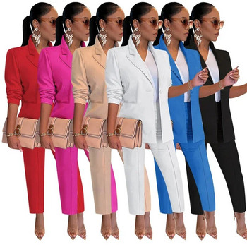Κομψό σετ δύο τεμαχίων για γυναικεία μπλέιζερ παλτό και παντελόνι γραφείου Γυναικείο επαγγελματικό κοστούμι ασορτί Σετ
