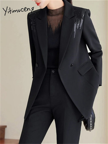 Yitimuceng Едноцветни офис облекла Дамски комплекти от 2 части 2023 Нова мода Блейзъри с дълги ръкави с пайети Шикозни костюми с кльощави панталони с висока талия