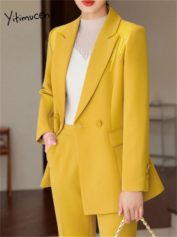 Yitimuceng Μασίφ Γυναικεία Γυναικεία Σετ 2 τεμαχίων 2023 Νέες παγιέτες μόδας Μακρυμάνικα σακάκια Κομψά κοστούμια με ψηλόμεσο παντελόνι