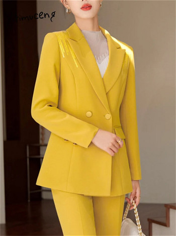 Yitimuceng Едноцветни офис облекла Дамски комплекти от 2 части 2023 Нова мода Блейзъри с дълги ръкави с пайети Шикозни костюми с кльощави панталони с висока талия