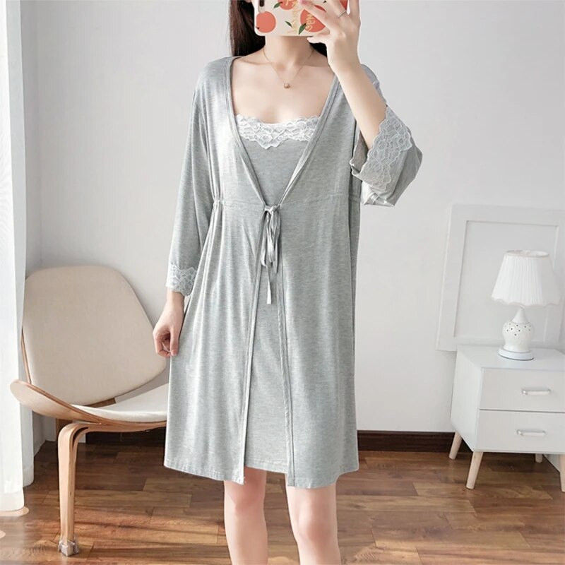 2db/Szett Terhes pizsama Hálóruha Szoptató Terhes Nő Heveder Szoptatás Hálóing Kismama ruha+köntös Szülés