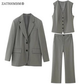 ZATRHMBM Moterys, 2023 m. vienaeilis laisvas švarkas, vintažinis, plonas, tiesus liemenis, tiesios kelnės aukštu juosmeniu, laisvalaikio moteriški rinkiniai Mujer