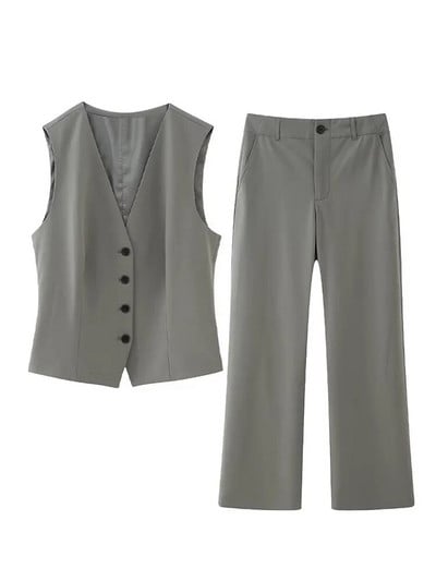 ZATRHMBM Moterys, 2023 m. vienaeilis laisvas švarkas, vintažinis, plonas, tiesus liemenis, tiesios kelnės aukštu juosmeniu, laisvalaikio moteriški rinkiniai Mujer