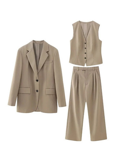 ZATRHMBM Moterys, 2023 m. vienaeilis laisvas švarkas, vintažinis, plonas, tiesus liemenis, tiesios kelnės aukštu juosmeniu, laisvalaikio moteriški rinkiniai Mujer