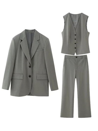 ZATRHMBM Moterys, 2023 m. vienaeilis laisvas švarkas, vintažinis, plonas, tiesus liemenis, tiesios kelnės aukštu juosmeniu, laisvalaikio moteriški rinkiniai Mujer