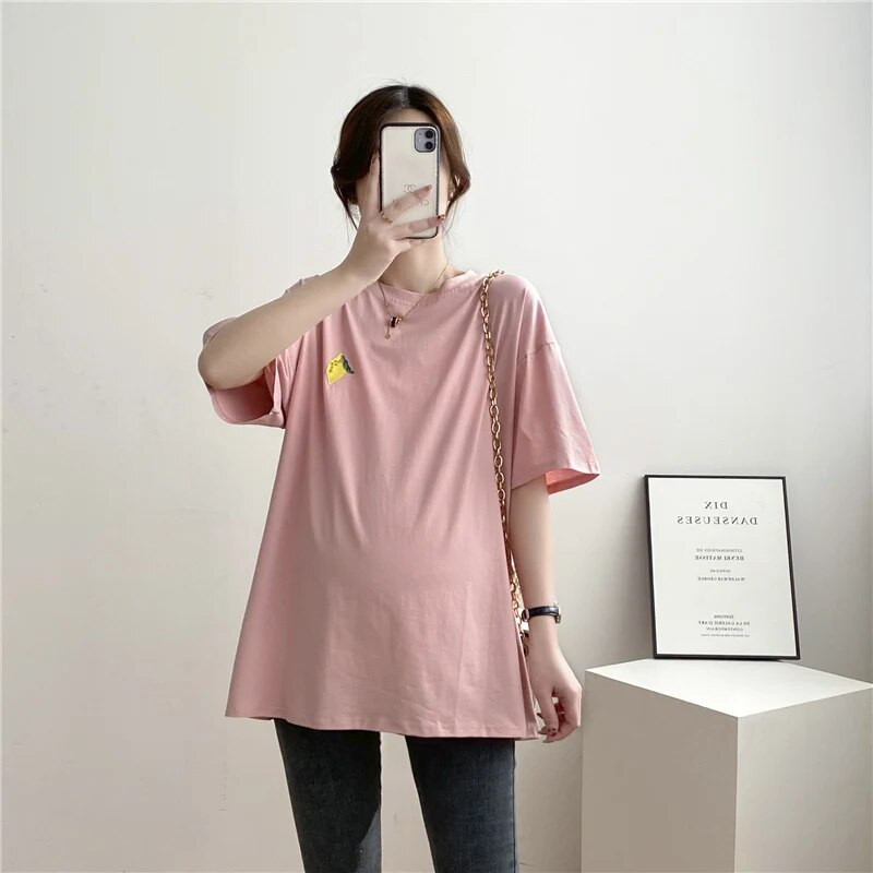 Vasaros stiliaus siuvinėtų vaisių raštų marškinėliai trumpomis rankovėmis, geriausios prekės nėščioms moterims Nėščioms 9127F