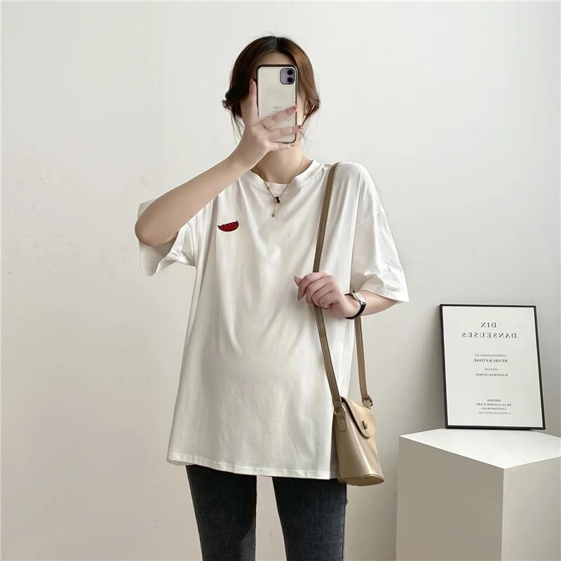 Vasaros stiliaus siuvinėtų vaisių raštų marškinėliai trumpomis rankovėmis, geriausios prekės nėščioms moterims Nėščioms 9127F