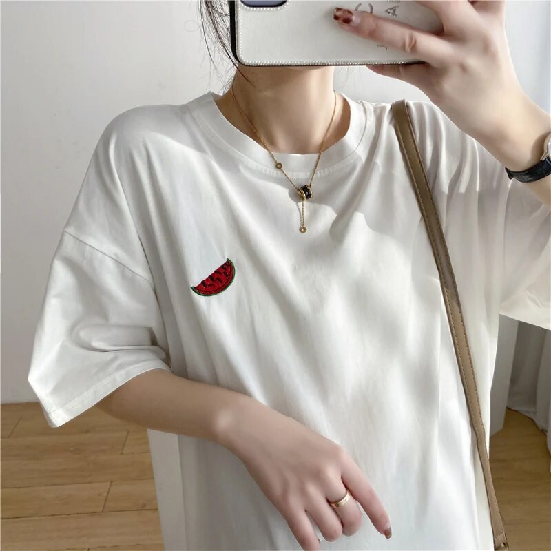 Vasaros stiliaus siuvinėtų vaisių raštų marškinėliai trumpomis rankovėmis, geriausios prekės nėščioms moterims Nėščioms 9127F