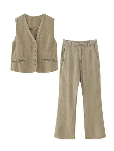 TRAF, 2023 m. vasara, nauja, madinga moteriška liemenė be rankovių V kaklo mygtuku plonas viršus ir kelnės