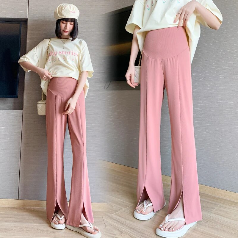 Plonos vasarinės nėščios moters pilvo kelnės 2023 m. naujos madingos priekyje suskilusios motinystės kelnės, vienspalvės, kirpimo nėštumo metu