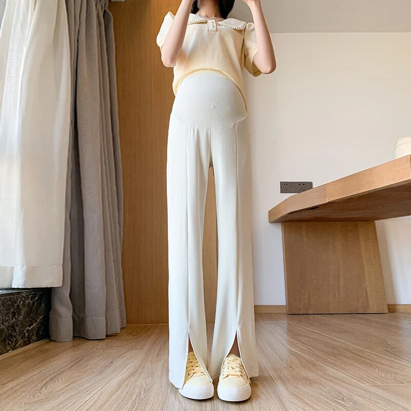 Plonos vasarinės nėščios moters pilvo kelnės 2023 m. naujos madingos priekyje suskilusios motinystės kelnės, vienspalvės, kirpimo nėštumo metu