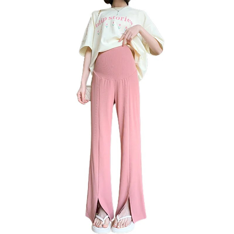 Plonos vasarinės nėščios moters pilvo kelnės 2023 m. naujos madingos priekyje suskilusios motinystės kelnės, vienspalvės, kirpimo nėštumo metu